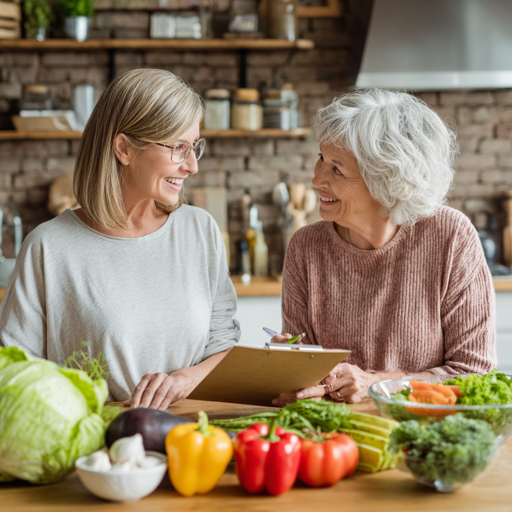 Mature woman consulting with nutritionist about healthy meal planning options
