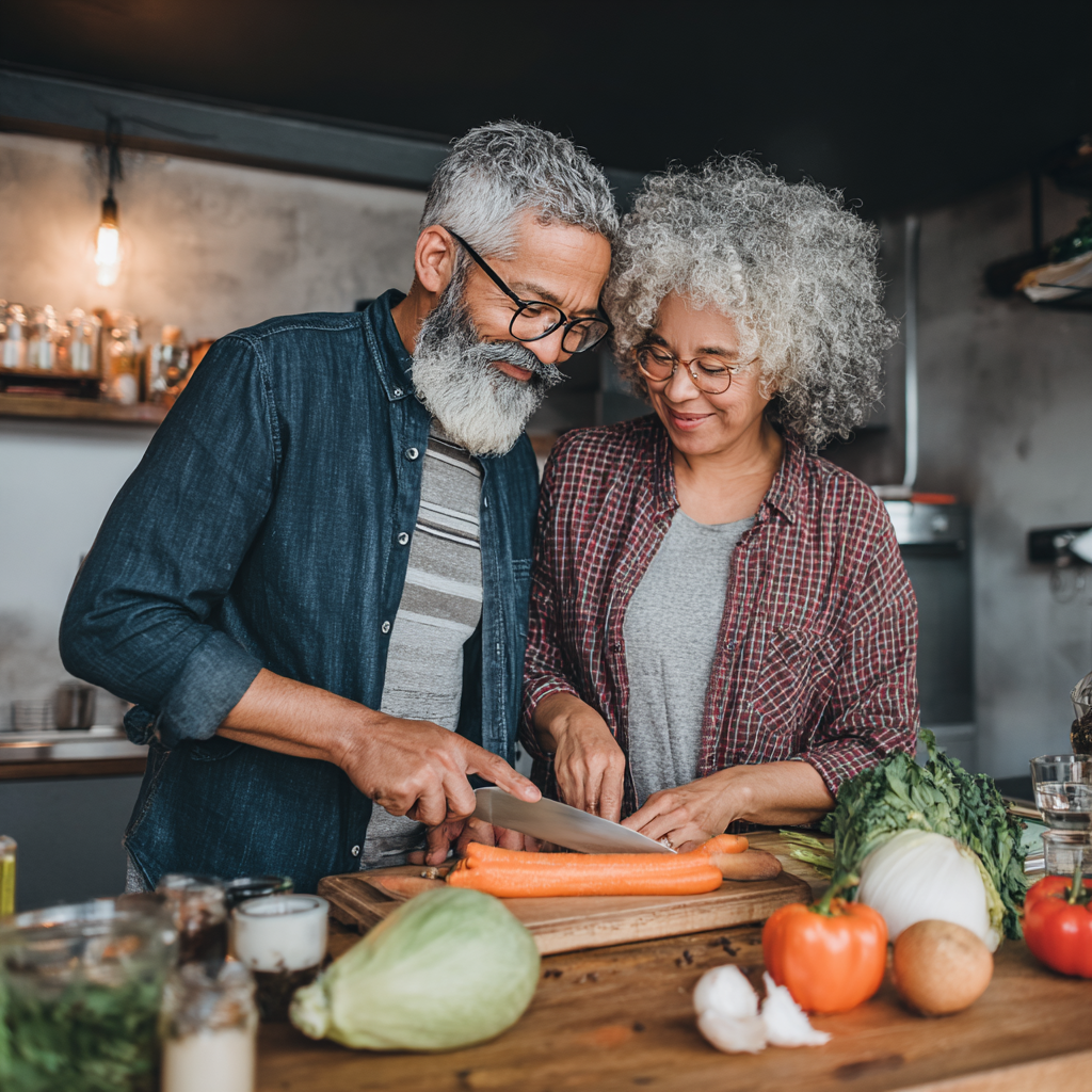 Middle-aged couple preparing healthy meal together in modern kitchen