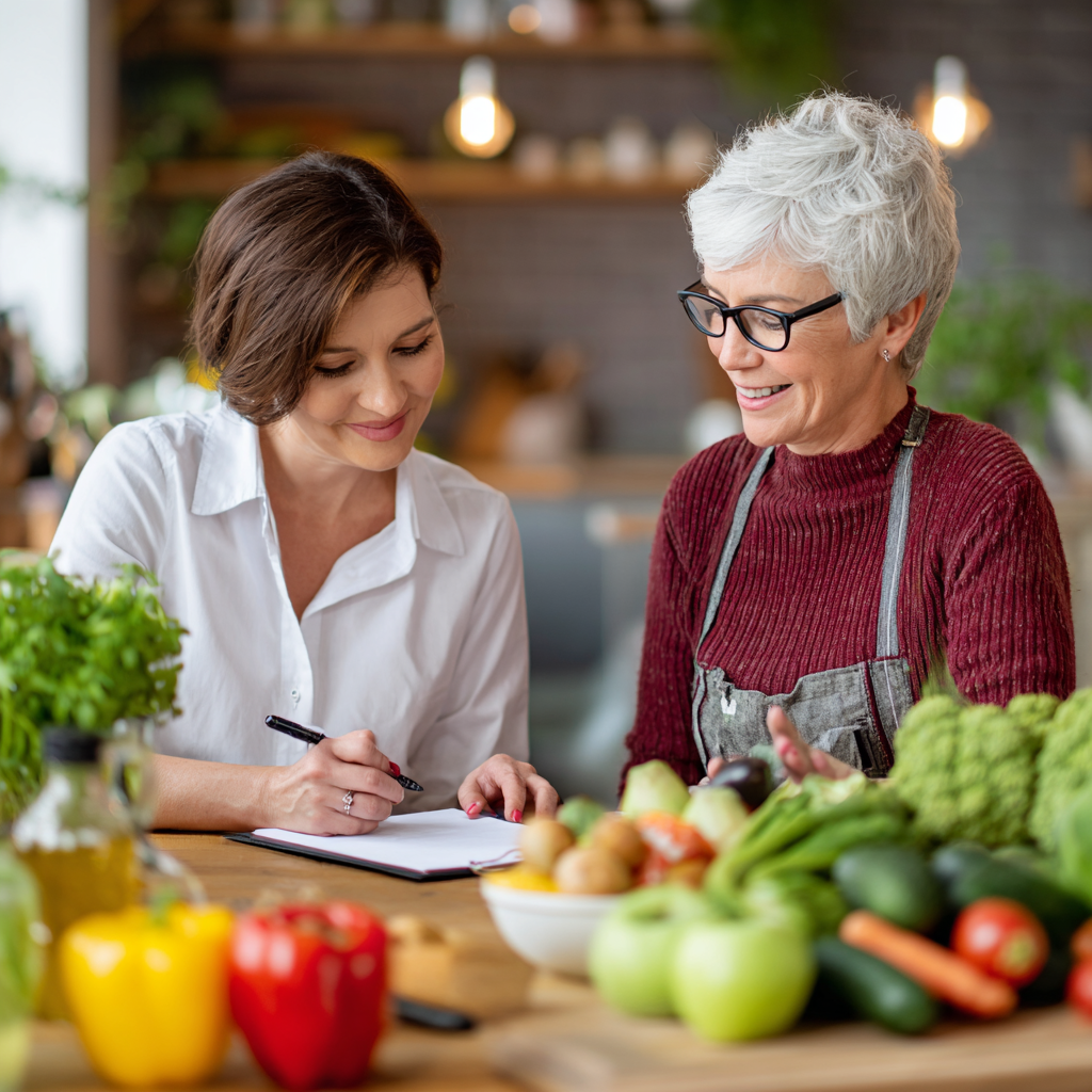 Professional nutritionist consulting with mature adult about healthy meal planning